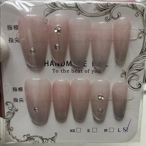 Pink and Gray Ombre False Nails with Rhinestones